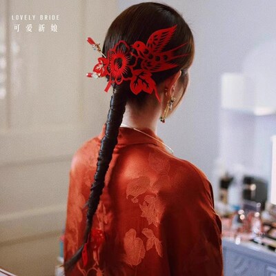 新品新中式秀禾头饰红色喜鹊花朵剪纸窗花发簪新娘国W风旗袍晨袍