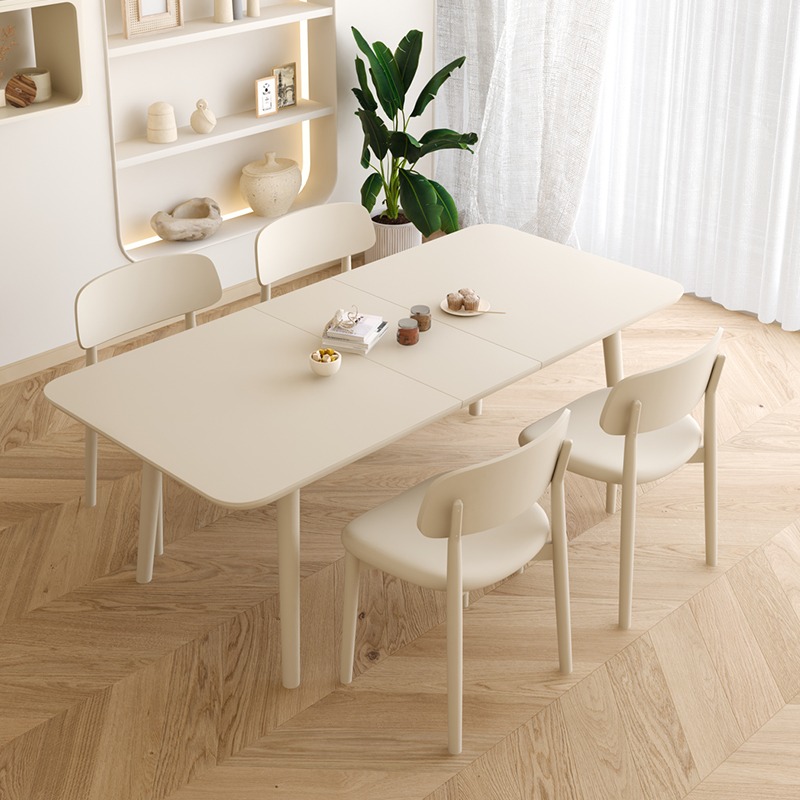 极速法式白色奶油风m纯白岩板全实木餐桌可伸缩小户型客厅餐桌椅