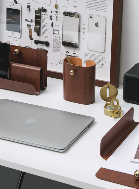 极速创意轻奢木纹金属笔筒名片夹办D公桌书桌样板间书房写字台装