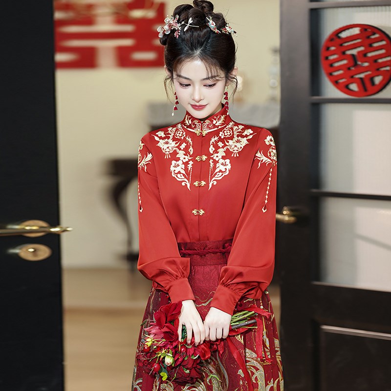 速发马面裙上衣女长袖对襟立领新中式刺绣衬衫红色国风衬衣女款秋