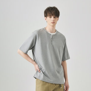 拉链宽松假两件拼接上衣 新款 BEBEEROM简约纯色短袖 男T恤2025夏季
