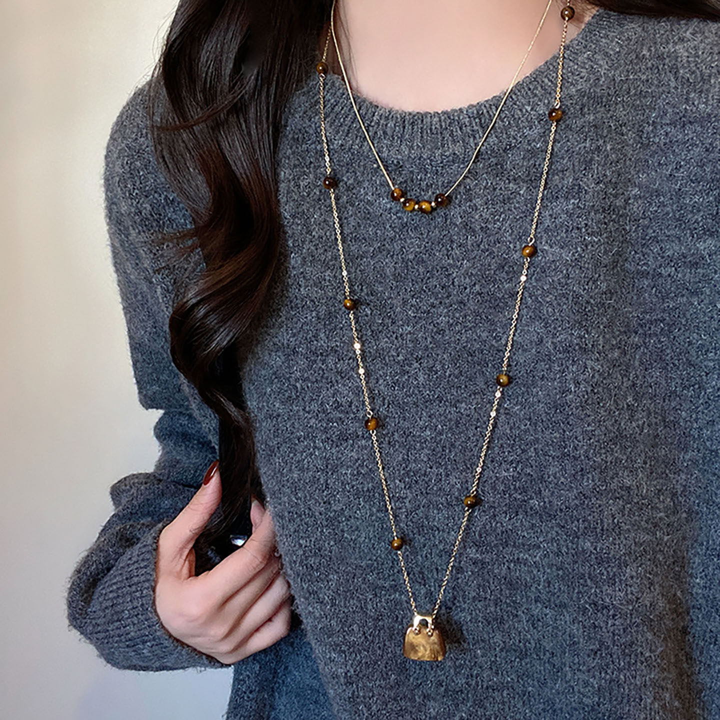 博主同款虎眼石黑曜石包包项链