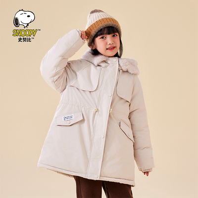 史努比女童棉服外套冬装2025新款洋气时髦中长款女孩派克服棉衣潮