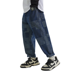 史努比男童牛仔裤春秋装2025新款洋气大童千鸟格子儿童装加绒裤子