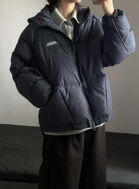 WM春季不规则仿牛仔手塞棉连帽棉服男潮牌宽松学院风保暖面包棉衣