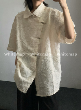 wtmp新中式复古毛边高级感斜襟衬衫短袖男女潮牌宽松百搭休闲衬衣
