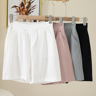 速发麻色棉粉短裤夏宽松腿码新款阔大裤百搭五分裤