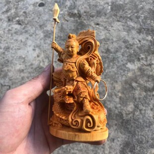 速发崖柏黄杨木精雕太吒灵珠教道子神像三哪子实木摆件中坛元帅太