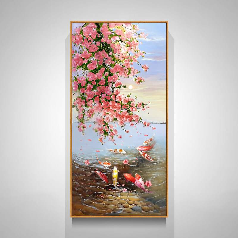 极速九鱼图纯手绘油画玄关装饰画新中式风M景挂画现代走廊过道高