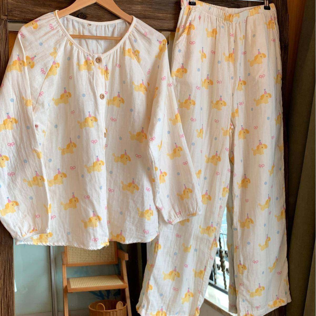 上新！全棉双层纱奶黄布丁狗圆领睡衣卡通甜美印花家居服套装,女士内衣/男士内衣/家居服,睡袍/浴袍,淘宝优惠券,粉丝福利购,淘宝优惠卷