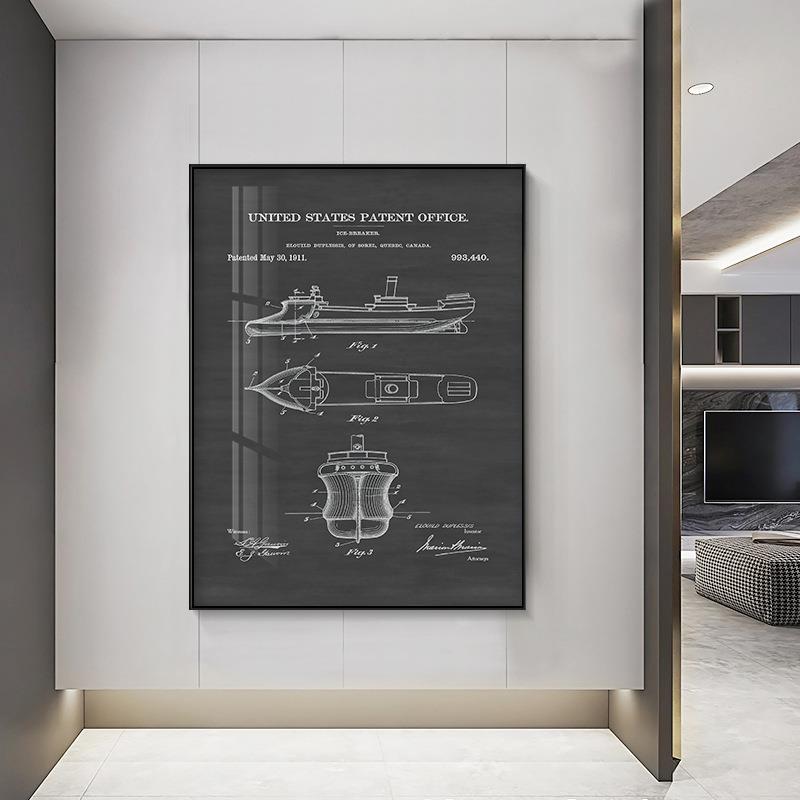 创意船体黑白结构装饰画工业风简约版画帆船巡洋舰航母挂画科技画