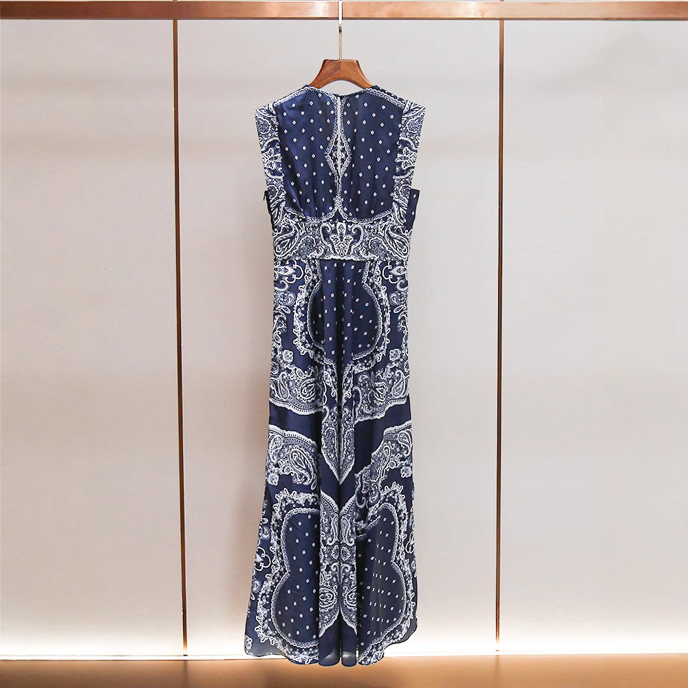 S家夏季新款法式优雅名族风无袖V领收腰长款短款背心印花连衣裙