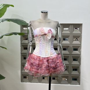 上衣蝴蝶结宝贝甜心裤 层叠抹胸短搭配温柔蛋糕鱼骨防走光 裙系带
