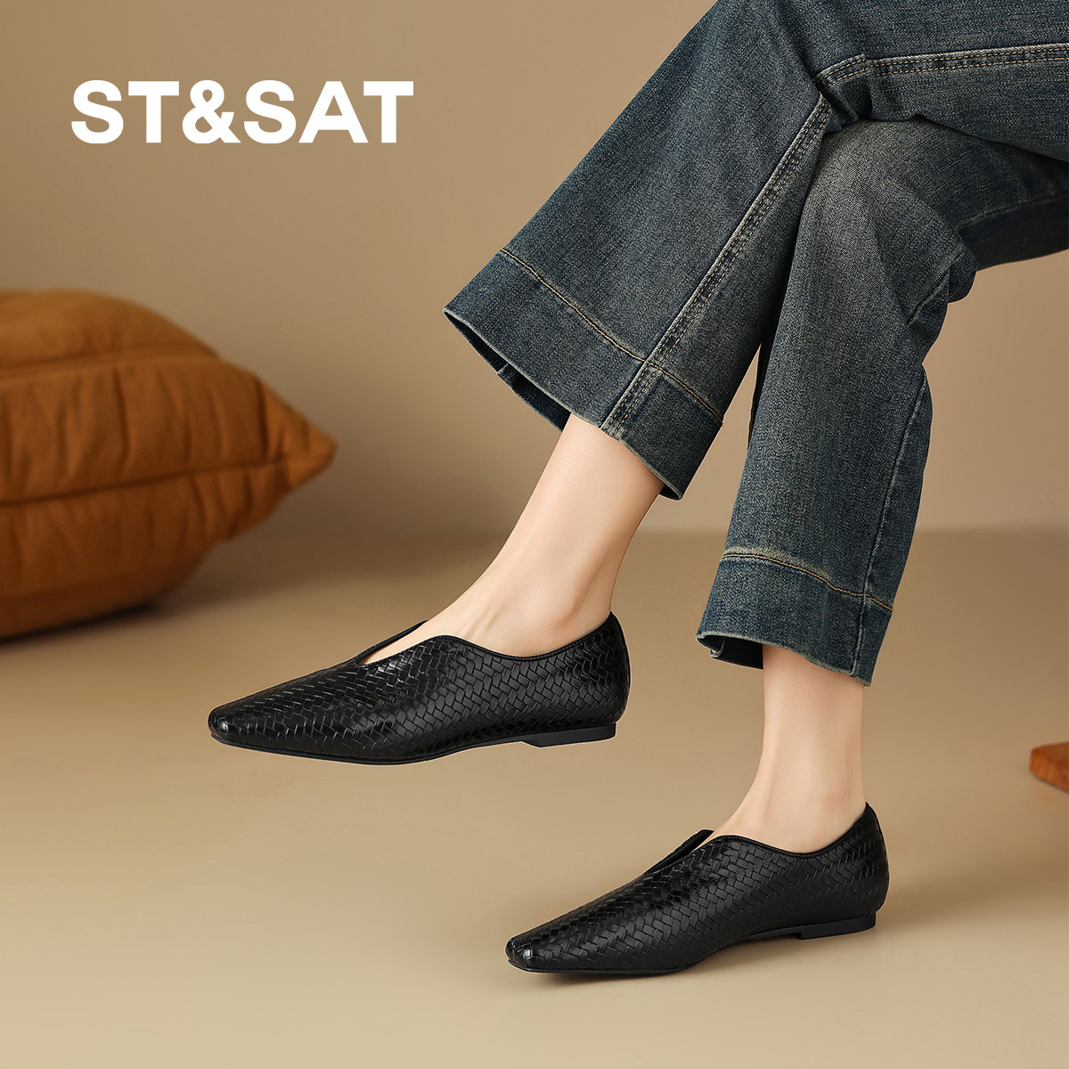 星期六2026新款软底复古编织方头单鞋女黑色低跟平底鞋休闲不累脚,女鞋,深口单鞋,淘宝优惠券,粉丝福利购,淘宝优惠卷