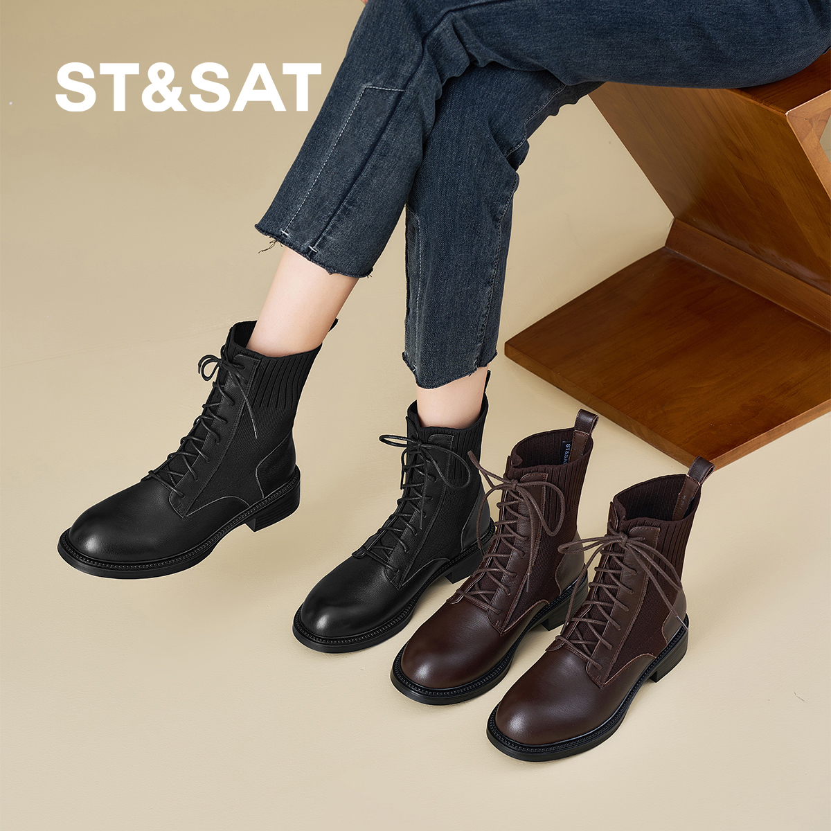 星期六新款英伦风系带短靴女秋冬加绒粗跟厚底马丁靴不累脚时装靴