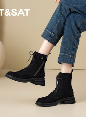 星期六2026新款黑色系带短靴女厚底马丁靴皮带扣机车靴厚底瘦瘦靴
