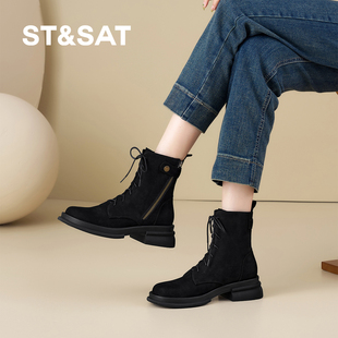 星期六2026新款黑色系带短靴女厚底马丁靴皮带扣机车靴厚底瘦瘦靴