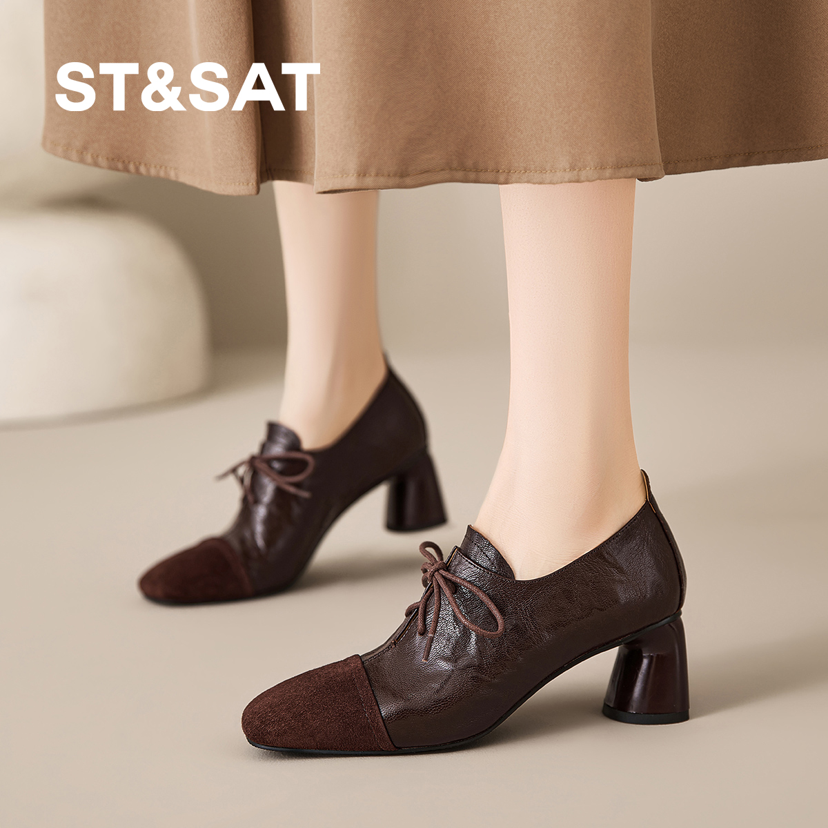 星期六复古系带气质深口单鞋女法式粗跟不累脚软底通勤高跟小皮鞋