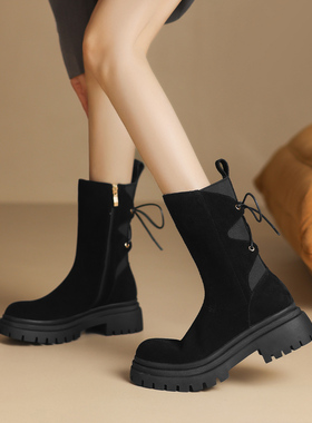 星期六2023年春秋单靴新款加绒保暖女靴高跟鞋中筒黑色休闲短靴女