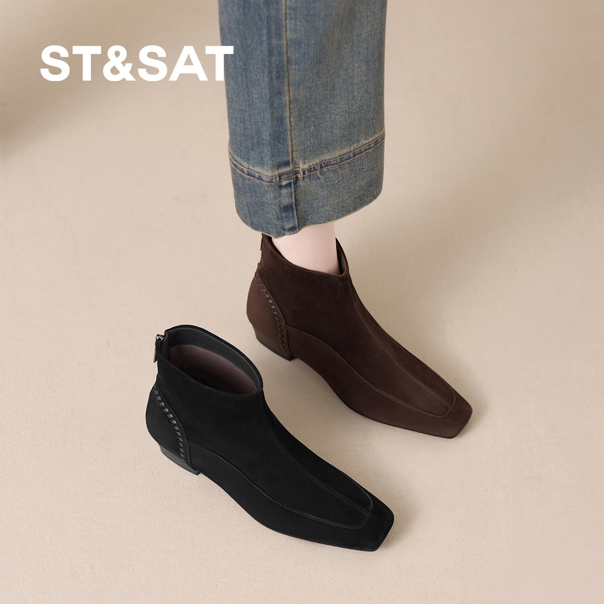 星期六2025冬季新款法式方头短靴女粗跟瘦瘦靴百搭厚底时装靴女