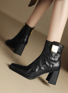 星期六【优质羊皮】欧美风时装靴2026年秋冬保暖方头短筒高跟女鞋