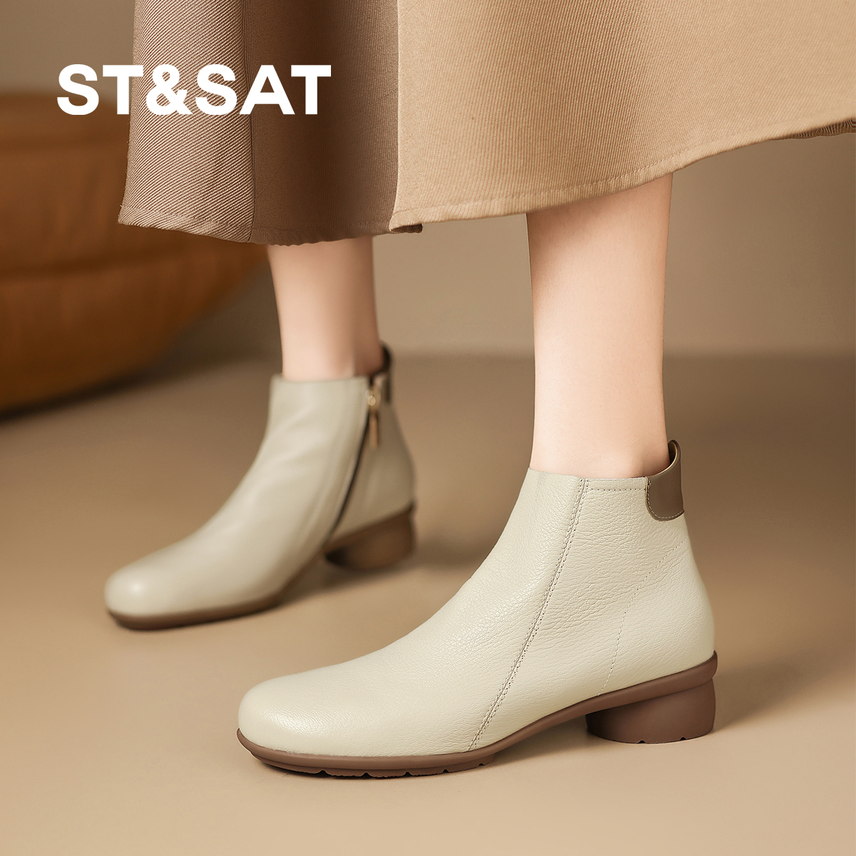 星期六2025新款短靴女粗跟百搭通勤瘦瘦靴冬季加绒保暖时装女靴