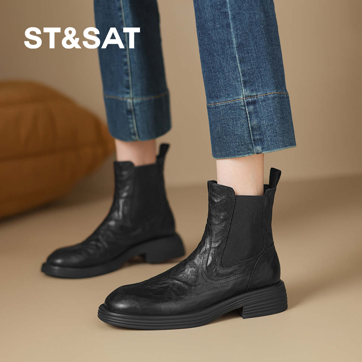 星期六秋冬新款百搭弹力靴女通勤时装瘦瘦靴粗跟圆头切尔西马丁靴