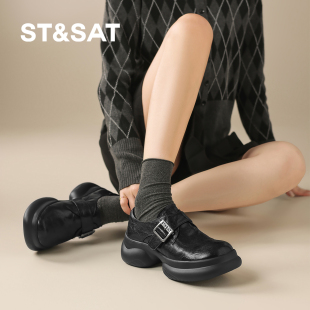 星期六法式复古皮带扣厚底圆头深口单鞋女休闲一脚蹬通勤小皮鞋