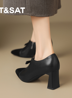 星期六小皮鞋女款2026新款夏季通勤中跟方头系带粗跟黑色工作女鞋