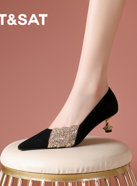 星期六复古风气质高级亮片尖头高跟鞋女秋季新款绝美细跟浅口单鞋