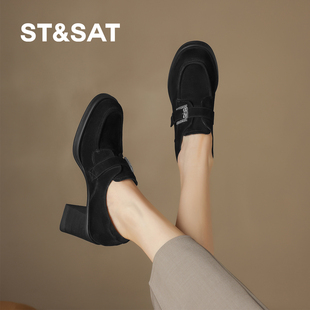 外穿不累脚懒人一脚蹬通勤女单鞋 星期六复古粗跟乐福鞋 女2025新款