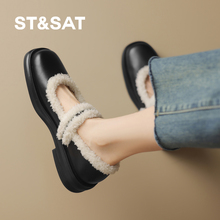 星期六法式低跟黑色玛丽珍鞋毛毛鞋2025春季复古厚底加绒乐福鞋女