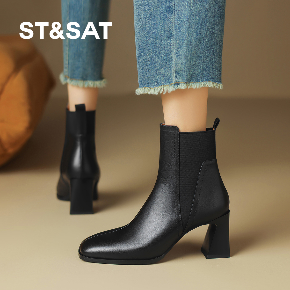 【优质牛皮】星期六复古风切尔西靴25年秋冬方头短筒高跟女鞋