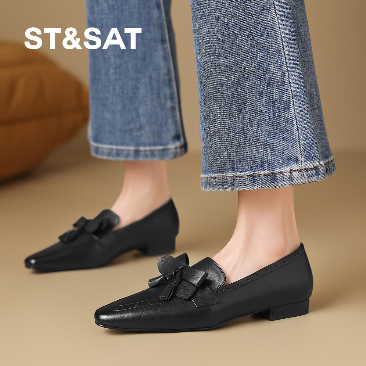 星期六英伦风蝴蝶结尖头乐福鞋女黑色气质深口单鞋通勤百搭豆豆鞋,女鞋,深口单鞋,淘宝优惠券,粉丝福利购,淘宝优惠卷