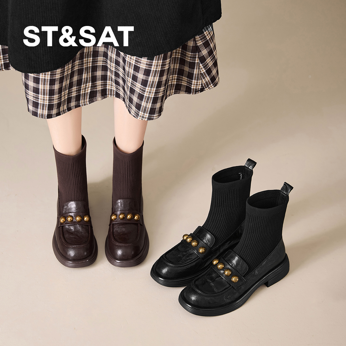 星期六秋冬新款百搭复古弹力袜靴女通勤时装女靴粗跟保暖乐福女鞋