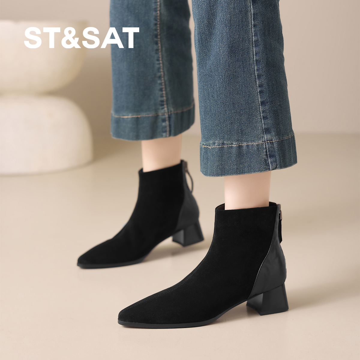 星期六2025新款法式方头粗跟短靴女秋冬百搭时装靴厚底黑色踝靴