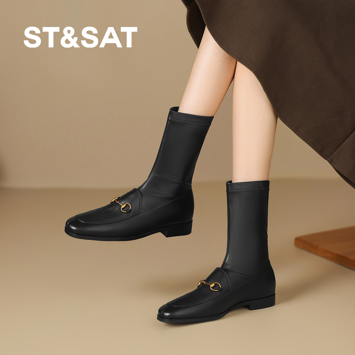 星期六2025秋冬新款羊皮乐福瘦瘦靴女粗跟通勤短靴中筒马丁骑士靴