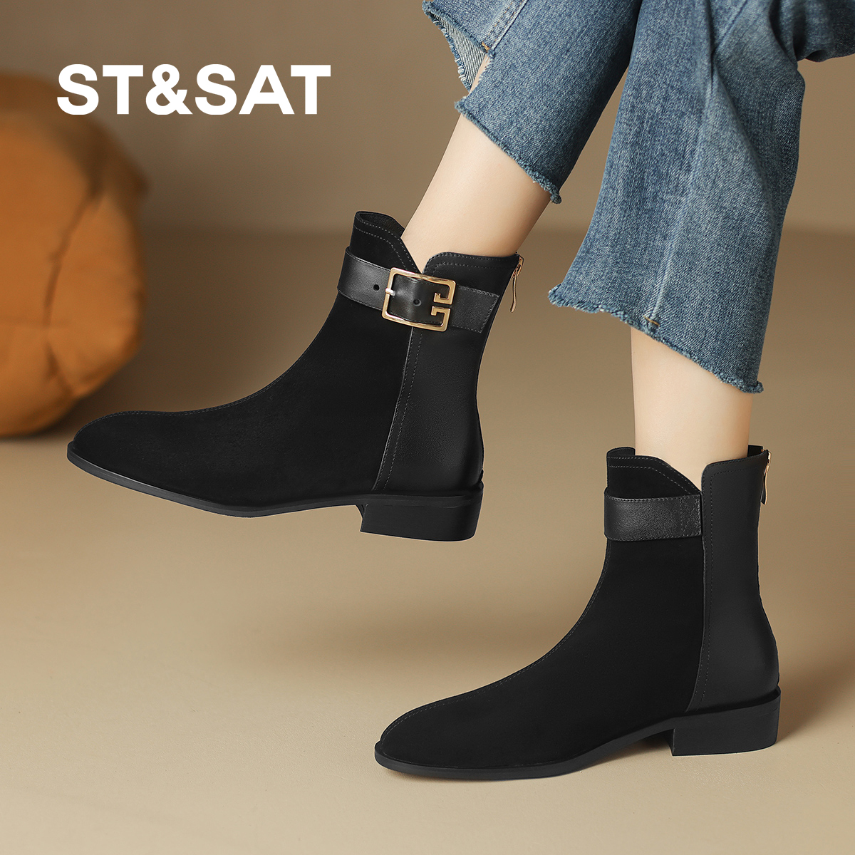 星期六方头粗跟短靴女软皮弹力瘦瘦靴法式韩系小踝靴女切尔西单靴