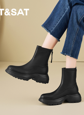 星期六2026新款厚底增高短靴女黑色绒面瘦瘦靴小个子百搭时装靴