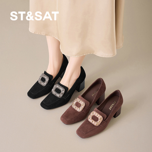 星期六2026新款复古粗跟乐福鞋女方扣水钻亮片深口单鞋软底不累脚