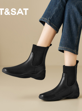 星期六2026冬季新款切尔西靴女短靴软底舒适瘦瘦靴黑色弹力女靴