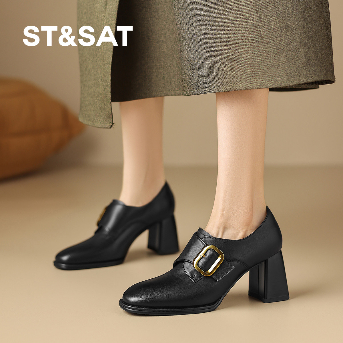 星期六2026新款英伦复古深口单鞋女黑色粗跟不累脚金属扣小皮鞋,女鞋,深口单鞋,淘宝优惠券,粉丝福利购,淘宝优惠卷