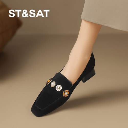 星期六复古风2025年新款拼色水钻懒人深口粗跟乐福鞋单鞋女平底鞋