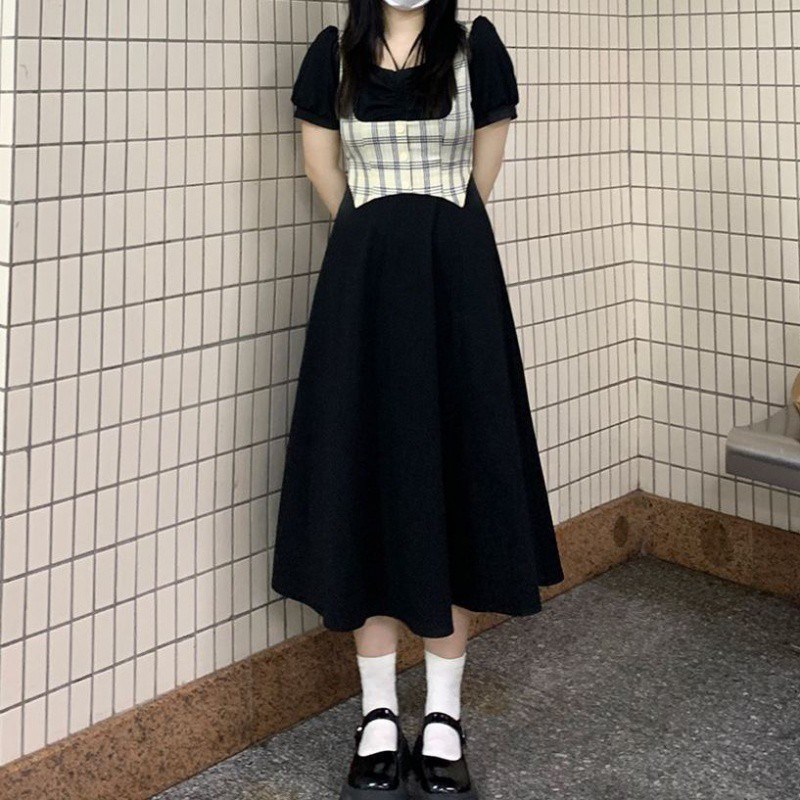 速发大码甜微酷蓝格连衣件收腰假两裙设计感赫本学院风制服裙
