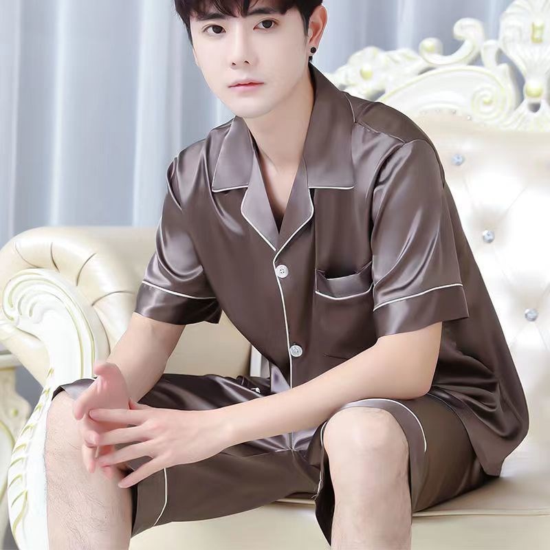 速发睡衣男夏薄男丝码士大款开衫夏天睡衣青年家居服黄一