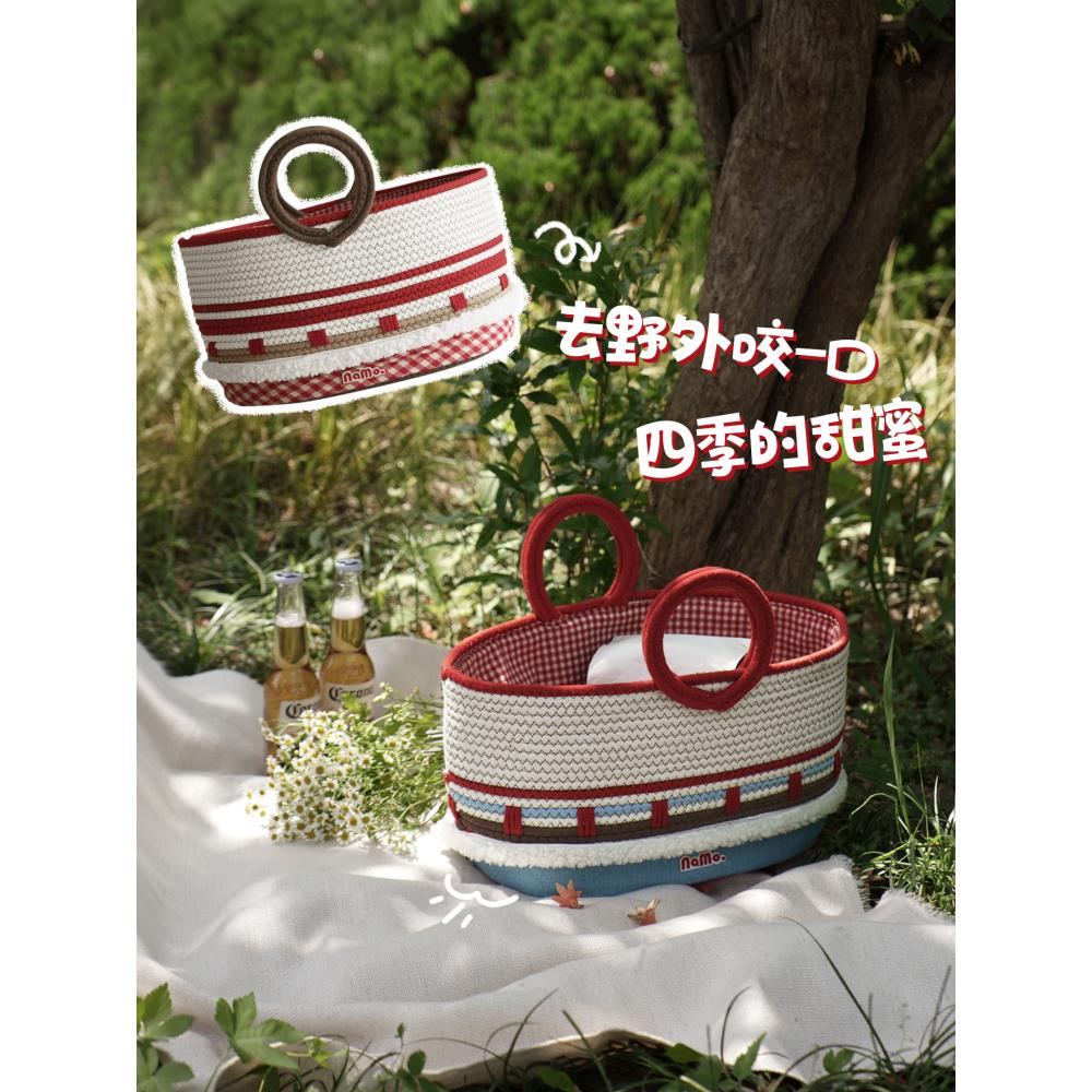 Namo[糖果屋]便携式水果野餐篮格纹购物篮手工编织户外露营风格储