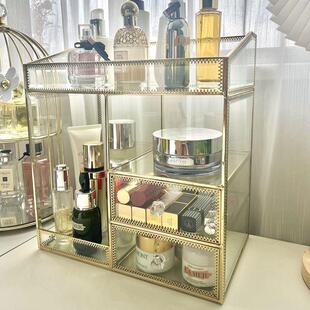 大号轻奢桌面护肤品置物架欧式玻璃纸巾盒式梳妆台化妆品收纳盒