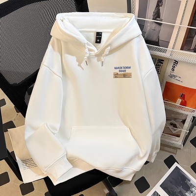 2025新款纯棉白灰色连帽卫衣男款新款潮牌加绒加厚重磅青少年外套