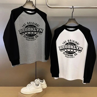 ins潮牌宽松韩版 拼接撞色打底衫 百搭上衣服 t恤男大码 春秋纯棉长袖