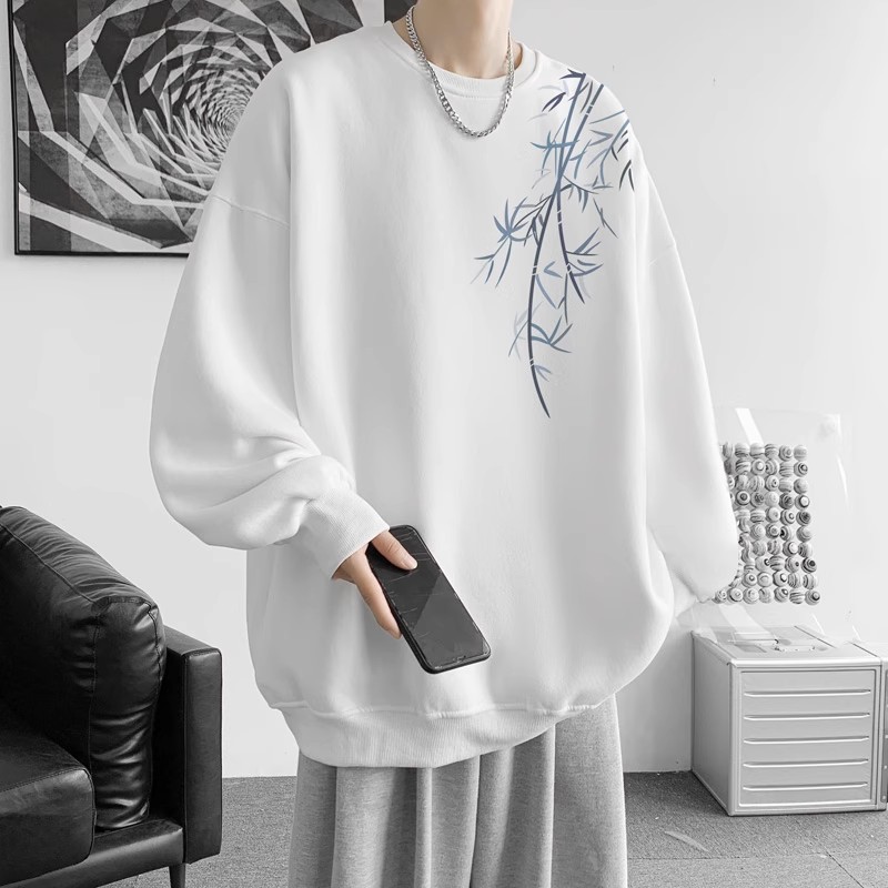 500G重磅加绒圆领卫衣男冬季国潮竹子宽松大码打底衫情侣外套潮流